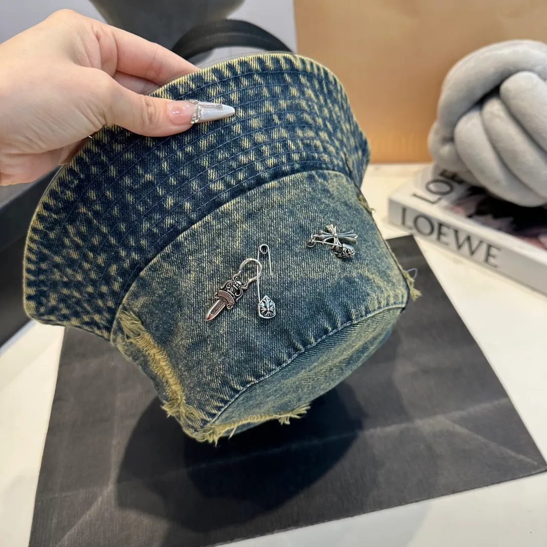 P60 Croxin spring and summer new denim fisherman hat, retro old street style, washed and torn edges, photo-taking item